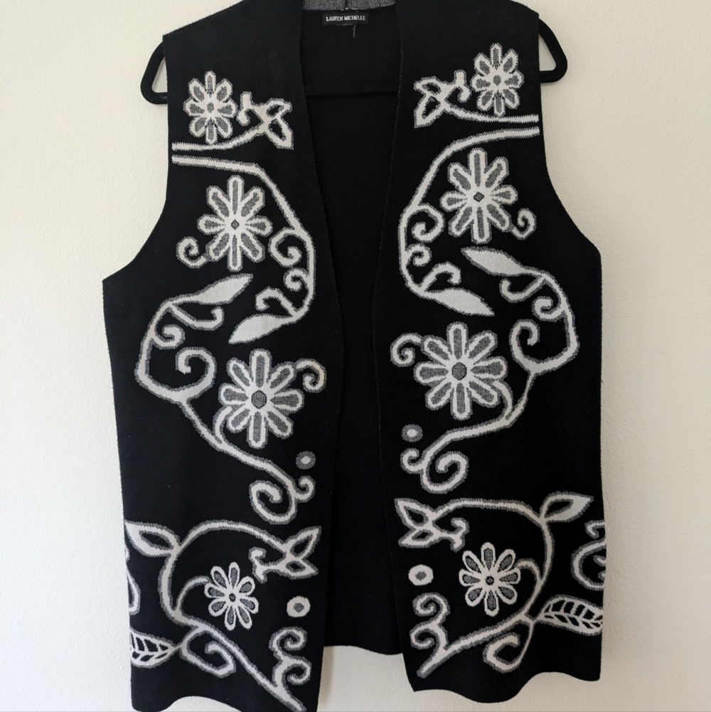 Lauren Michelle Black/White Floral Vest Cardigan sz L Minimalist Officewear